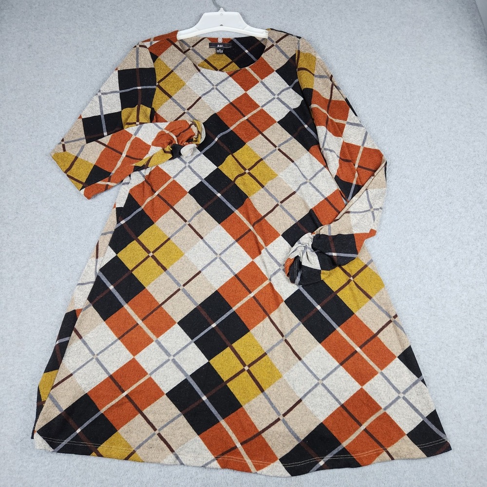 R&K A Line Dress Womens 6 Orange Black Plaid Argyle Knit Stretch Long Sleeve